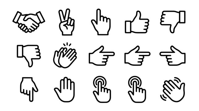 Collection of hand gesture line icons representing common communication signals, actions and feedback concepts
