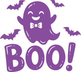 Naklejka premium boo halloween ghost and bat typography vector illustration