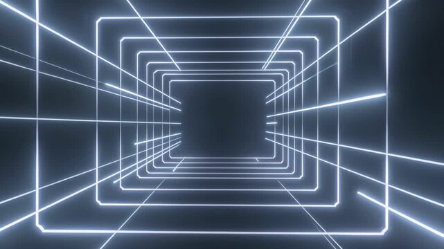 Abstract moving tunnel zoom in with glowing neon light squares on black background.