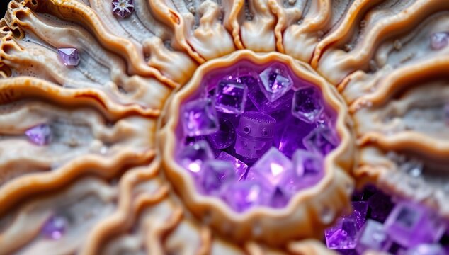 Macro close up of an ancient ammonite fossil filled with radiant glowing purple amethyst crystals