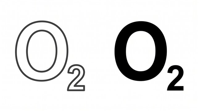 Two representations of oxygen gas formula O₂, left outlined hollow black, right solid filled black, side‑by‑side comparison of graphic styles in scientific notation.
