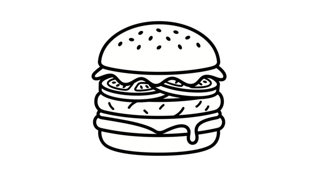 Minimalist line art illustration of a delicious hamburger with layered toppings including sesame bun, tomato, cheese, and patty on white background