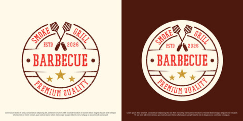 Obraz premium Barbecue badge logo design illustration vector. Barbeque spatula star silhouette. Hipster classic bbq symbol icon.