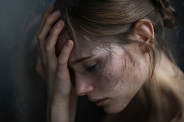 Fototapeta premium Emotional portrait of a young woman reflecting struggle and resilience in a somber moment