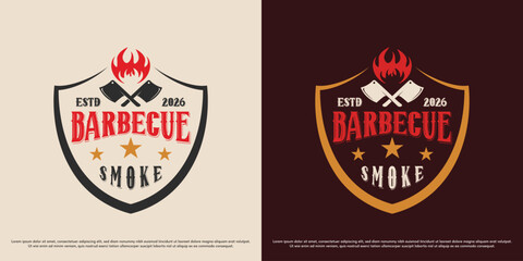 Obraz premium Grill barbecue logo design illustration vector. Butcher fire badge silhouette. Barbeque old aged stamp rustic symbol icon.