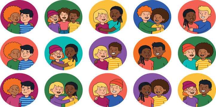 Diverse multicultural happy friends avatar portrait round icon set collection vector flat illustration