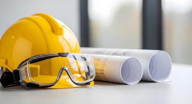 Construction site safety equipment: yellow hard hat, protective goggles, and blueprints on a white table, symbolizing engineering and building industry.