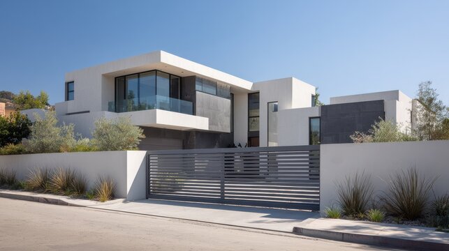 A modern luxury house with a large gate and minimalist design under a clear sky. Represents real estate and.