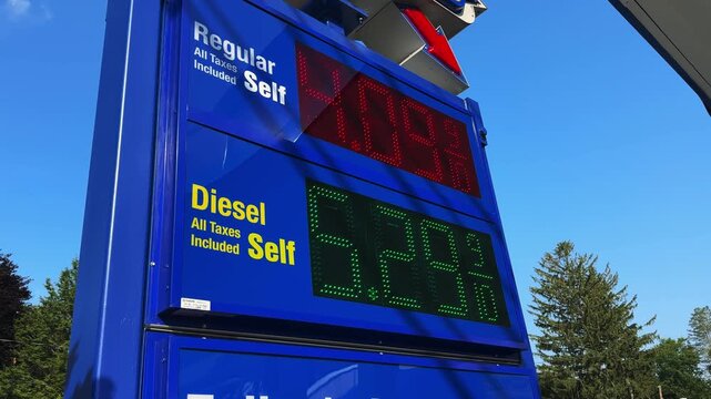 Close-up of a U.S. gas station fuel price sign showing regular and diesel self-serve prices beneath a clear blue sky.