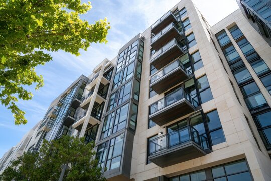 Modern apartment building exterior with glass balconies. Perfect for luxury real estate and housing concepts.