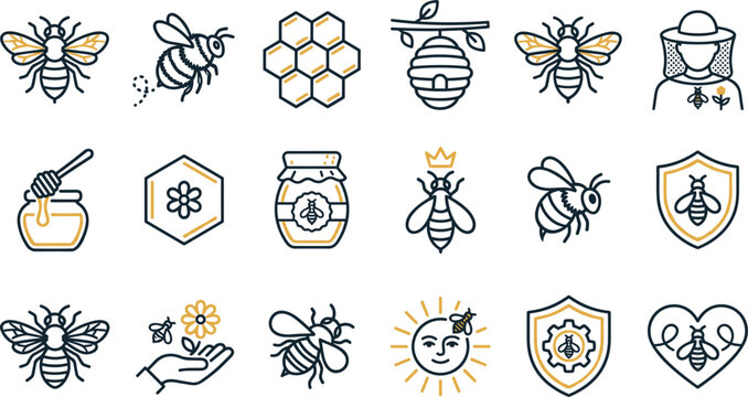 Bee keeping and honey line icon set with beehive jar honeycomb and beekeeper isolated on white background vector