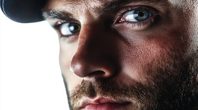 Man with a groomed beard stares directly into the camera with a piercing blue gaze.