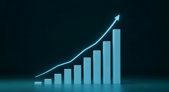 Teal bar graph ascending with arrow on a dark background, representing progress