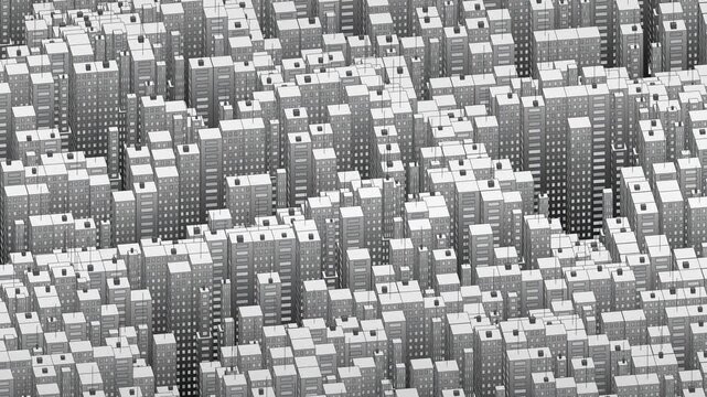 loopable rotating monochrome isometric cityscape, dense, repetitive grid of urban skyscrapers for modern designs