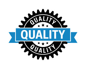 Obraz premium Black gear shaped quality assurance badge with a bold blue horizontal banner with gear silhouette central