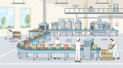 Obraz premium 清潔な食品製造施設で包装商品が流れる衛生管理ライン