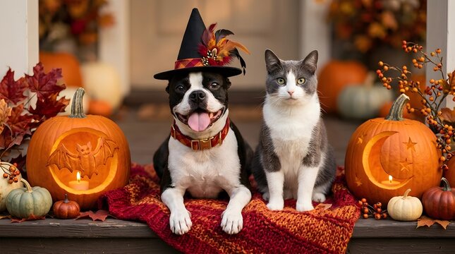 Halloween pets boston terrier and cat with jack o' lanterns for fall celebrations