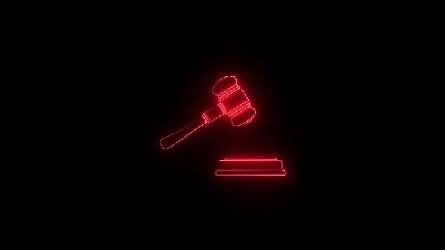 Neon red judge gavel striking sound block animation for legal and justice concepts court