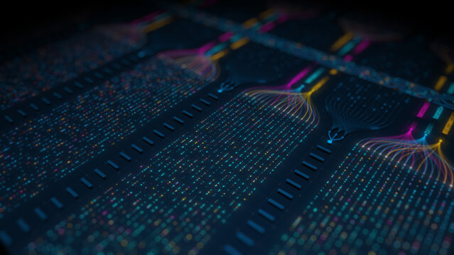 Abstract big data visualization and AI neural network concept with digital circuit lines illustration