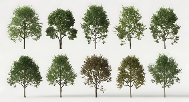 Ten diverse, high-detail tree models with varying foliage and colors on a white background