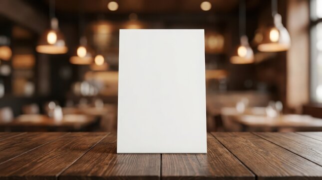 Blank White Menu Stand on a Wooden Table in a Blurred Restaurant Interior with Warm Ambient Lighting