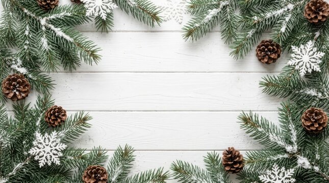 Snowy pine branches with pinecones and snowflakes on a white wooden background in a festive style