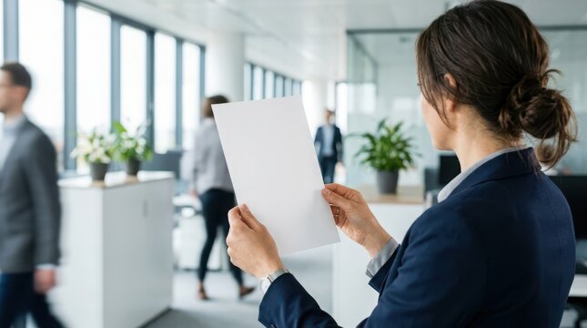 Professional woman holding a blank white paper document in a bright modern corporate office setting