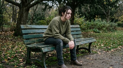 Obraz premium Young Woman Sitting Alone on Park Bench in Autumn.