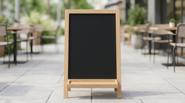 Blank wooden chalkboard standing on a sidewalk outside a restaurant in a bright outdoor setting