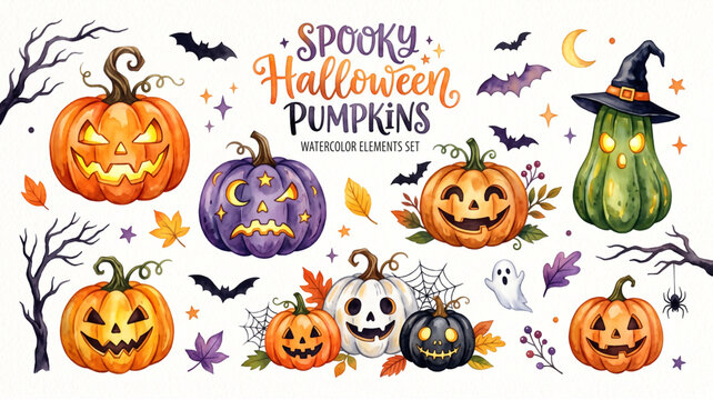 set of spooky watercolor halloween pumpkins elements