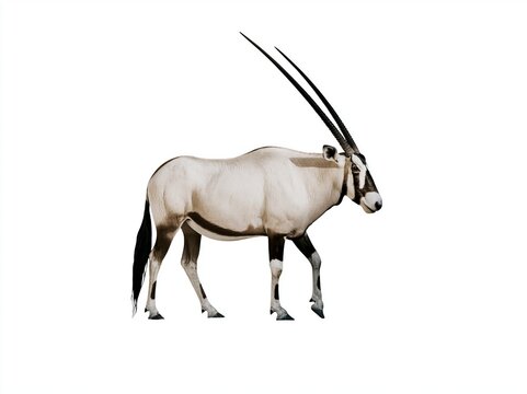A majestic saiga antelope with long horns standing alone in a plain white background