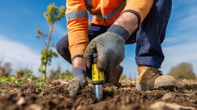 A construction worker uses a soil testing tool to check earth quality on site. Agriculture and development.