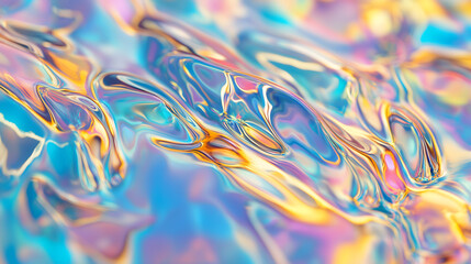Fototapeta premium Abstract background featuring iridescent liquid ripples with vibrant blue and gold metallic reflections.