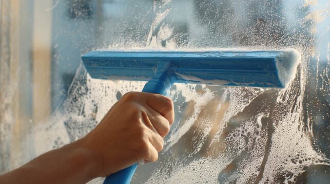 A hand using a squeegee to clean a soapy glass window. Concept for professional house cleaning services.