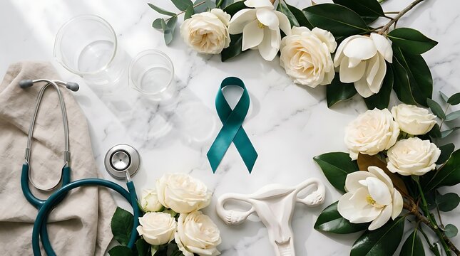 Ovarian Cancer Awareness Teal Ribbon with Medical Tools and Flowers