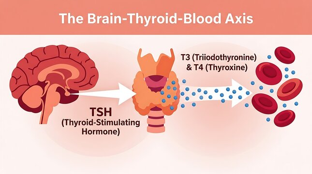 Illustration of the brain-thyroid-blood axis with tsh t4 hormones, thyroid gland