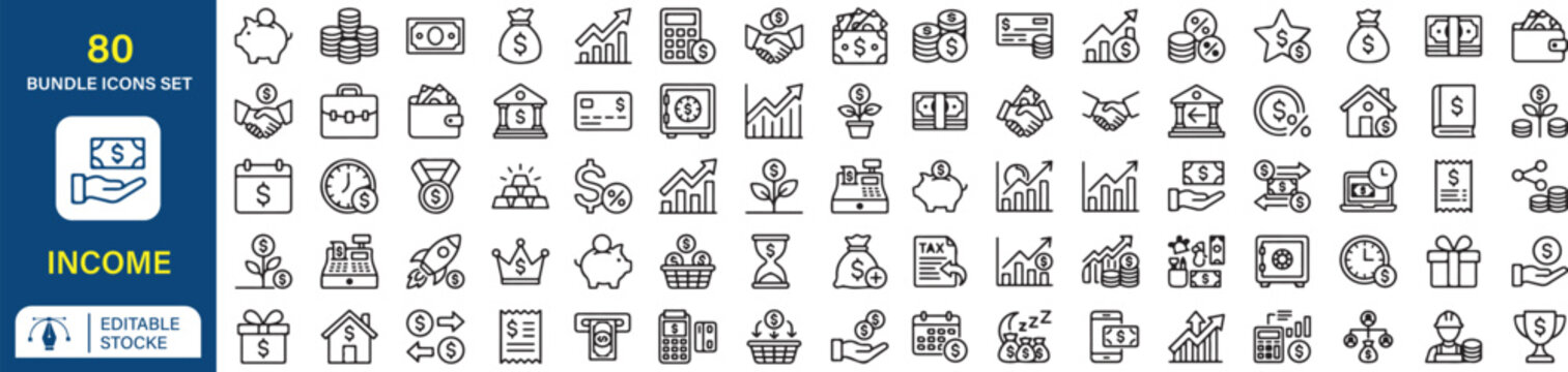 Income Management Vector Outline Icons Set Featuring Financial Planning Banking Investment Budget Accounting Savings Cash Flow Wealth Business UI UX