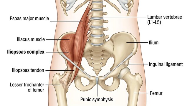 Anatomical diagram of the hip and pelvic region highlighting the psoas major