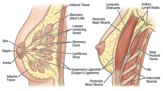 Anatomical diagram of the female breast with labeled parts and structures