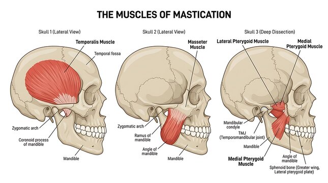 The muscles of mastication anatomical diagram with medial pterygoid, jaw muscles