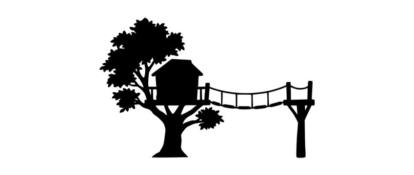 Treehouse Silhouette with Rope Bridge and Observation Platform