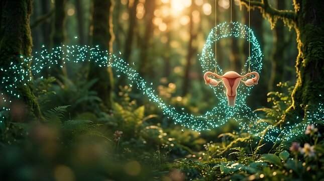 Teal Ribbon and Uterus in Enchanted Forest for Cancer Awareness