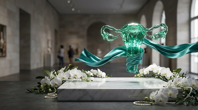 Teal Crystal Uterus for Ovarian Cancer Awareness in Museum Gallery