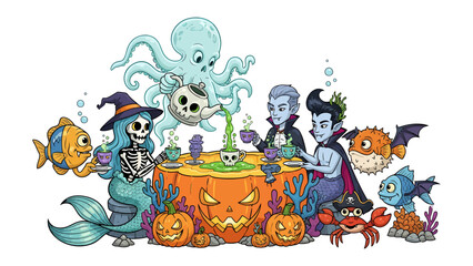 Halloween Underwater Party: A whimsical gathering of mythical creatures and Halloween characters enjoy a tea party on the ocean floor, featuring an octopus pouring tea, a mermaid, vampires. © Azizun