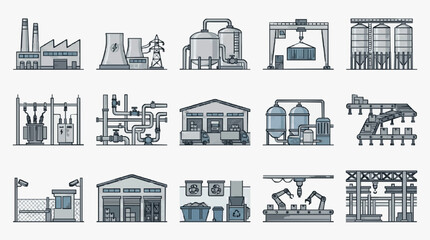 Industrial Icons Showcasing Various Factories Plants and Machinery in Monochromatic Style with high quality professional line art symbols for modern creative design and digital branding projects © Putri