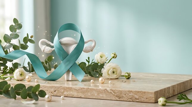 Teal Ribbon and Uterus Model for Ovarian Cancer Awareness Month