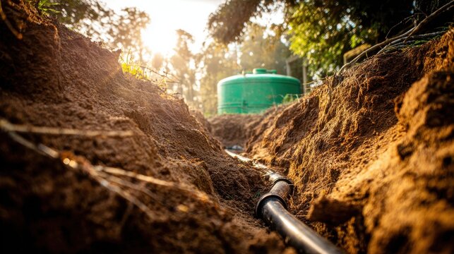 A black plastic water pipe sits inside a trench with a green tank. Infrastructure and plumbing project.
