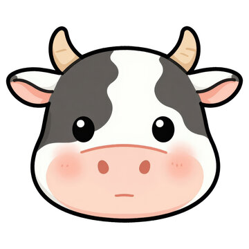 Cute Cow Face: A charming, cartoon-style illustration of a cow's face, featuring big, expressive eyes, rosy cheeks, and distinctive black and white markings.