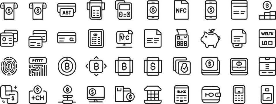 Digital Payment Icons Set with Wallets, Cards, Nfc, Qr, Banking, and Cryptocurrency Symbols in Outline Style