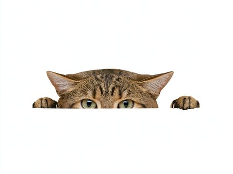 A curious brown tabby cat peeking from behind a white surface with green eyes